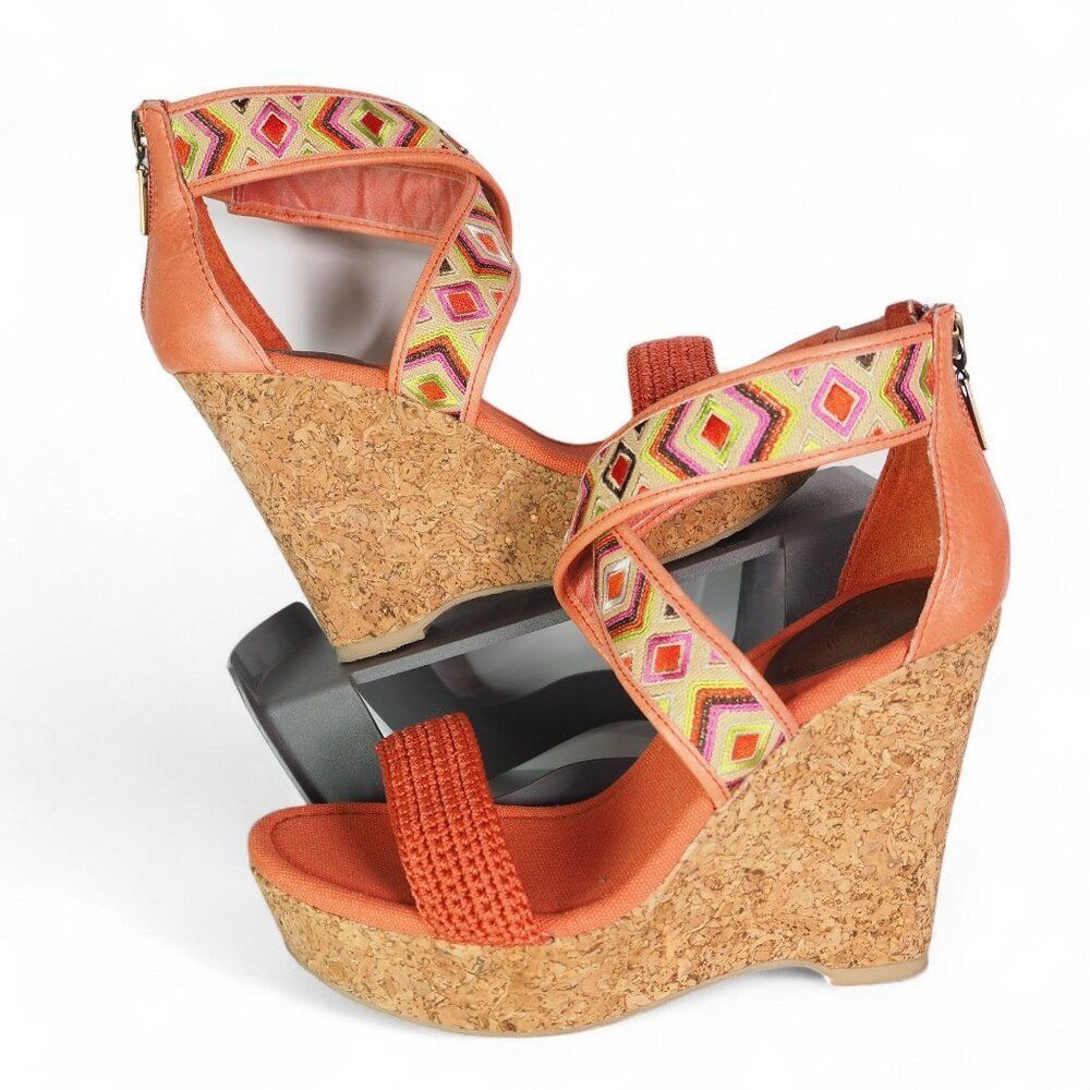 The Sak Criss Cross Wedge Ankle Sandals "Bright Orange Aztec Print" Women's 8